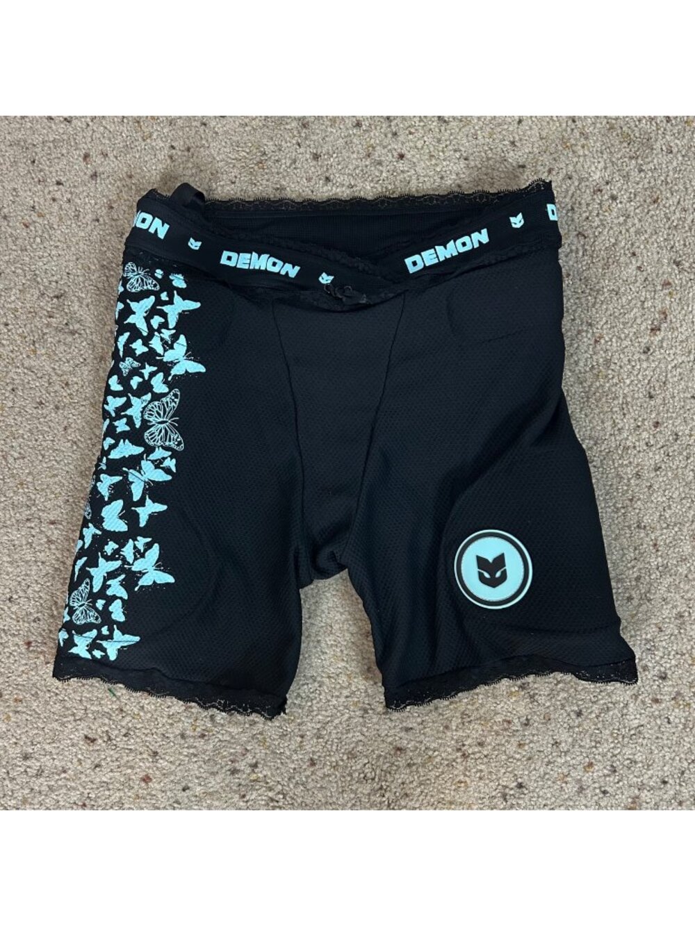 Demon Dirt Mountain Bike Padded Shorts Black with Blue Butterfly Pattern Sz Smal